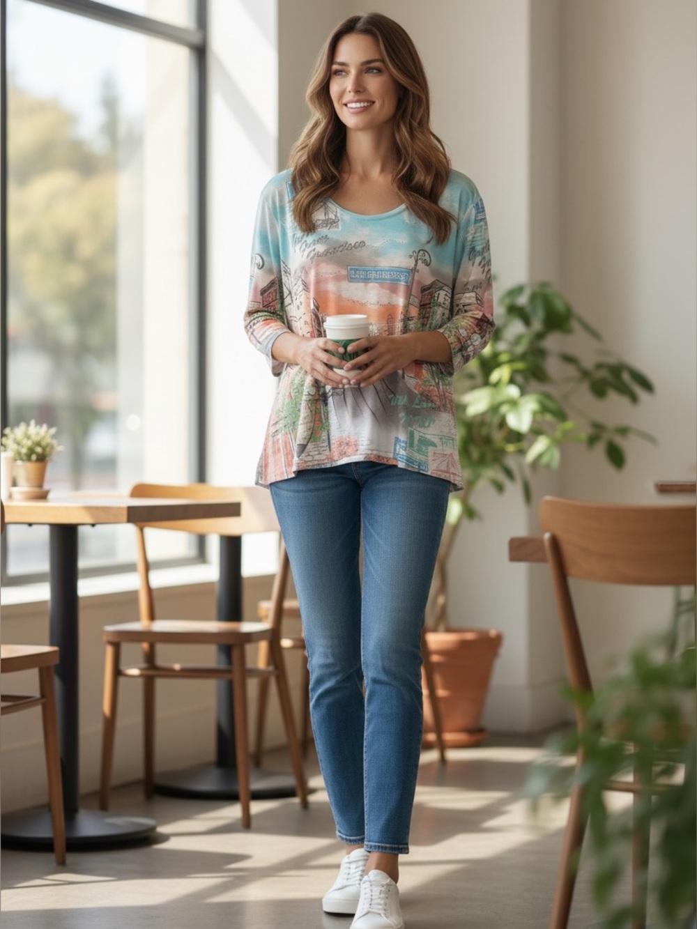 Allison Daley Petite XL San Francisco Cityscape Jeweled Knit Top 3/4 Sleeve PXL